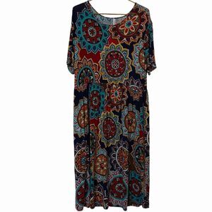 Boho Midi Dress Womens 3XL Multicolor Mandala DB Moon Pocket Short Sleeve 🌼